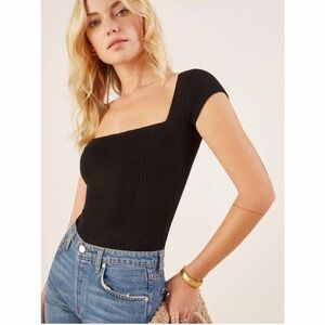 Reformation Black Ribbed Square Neck Top size M